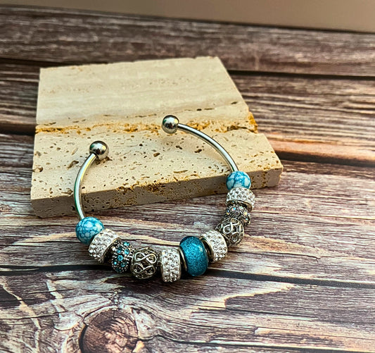 Blue Rhinestone Beadable Bangle Bracelet